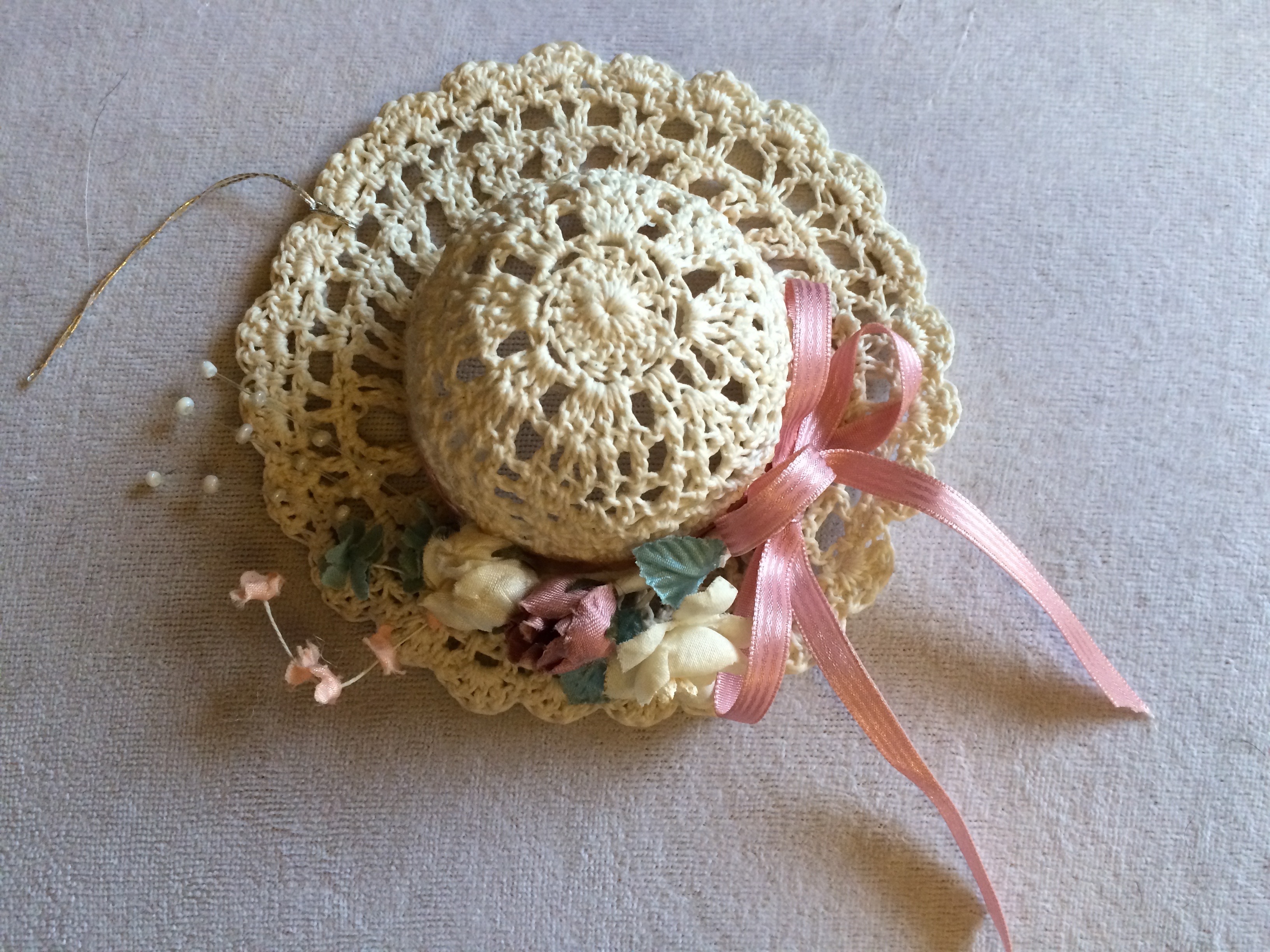 Vintage 1980s Stiffened Lace Silk Florals Garden Hat Ornament by Annabelle\'s Angels