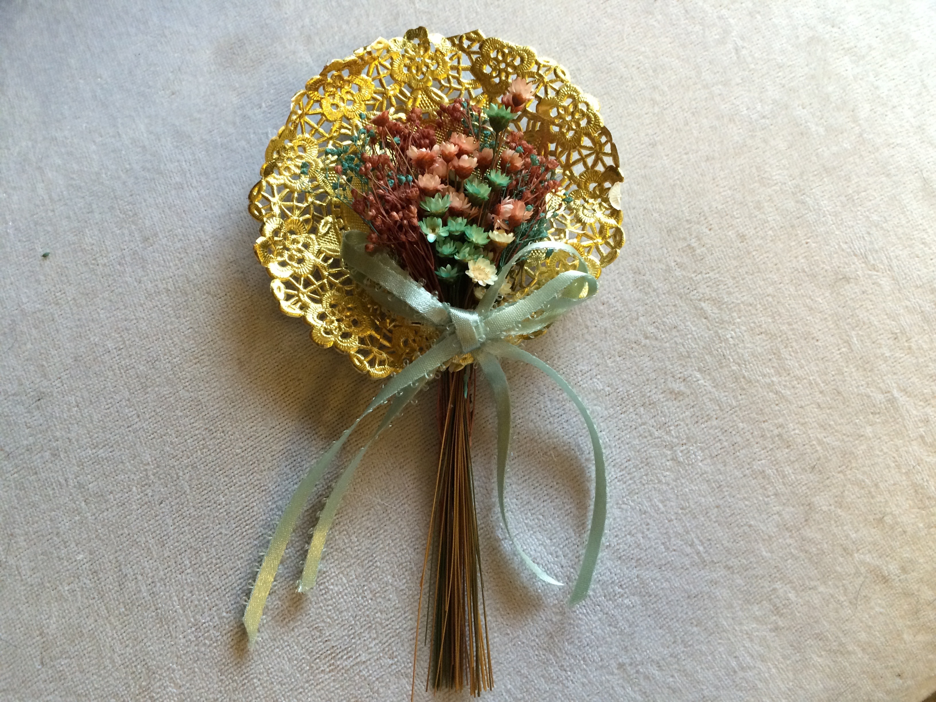 Vintage 1980s Gold Doily Dried Flowers Bouquet Ornament or Table Decor by Annabelle\'s Angels