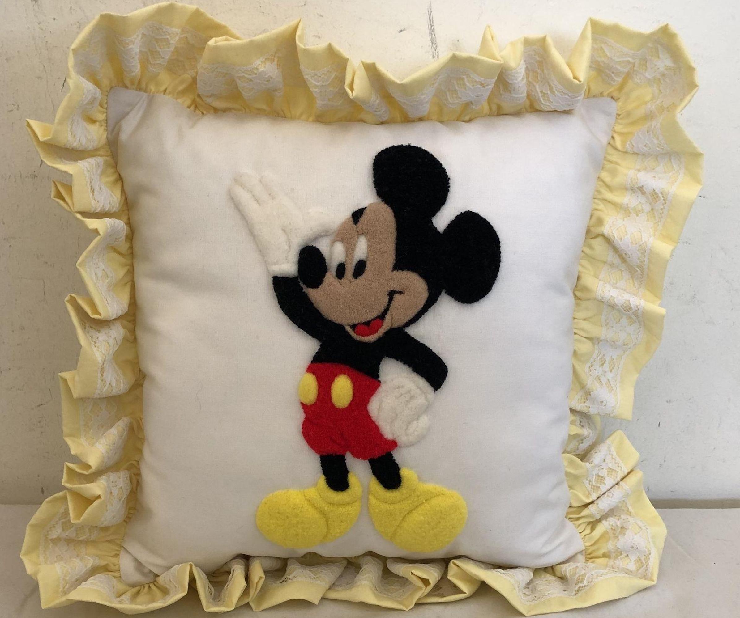 1970s Handmade Mickey Mouse Yellow/White Applique Throw Pillow w/Lace Trim