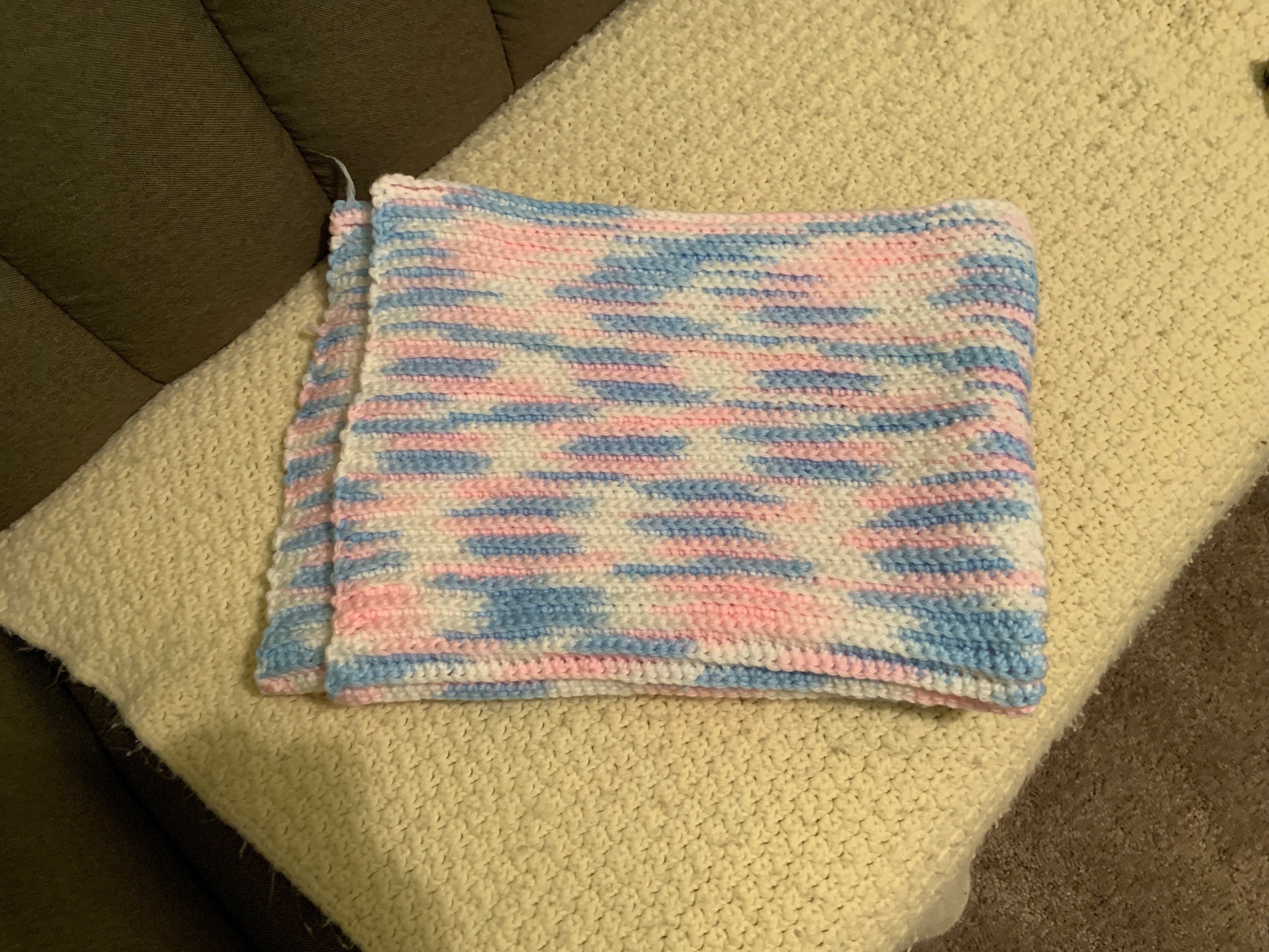 1981 Hand-Knit Pink, Blue, White Pastel Afghan Crib Blanket (23\