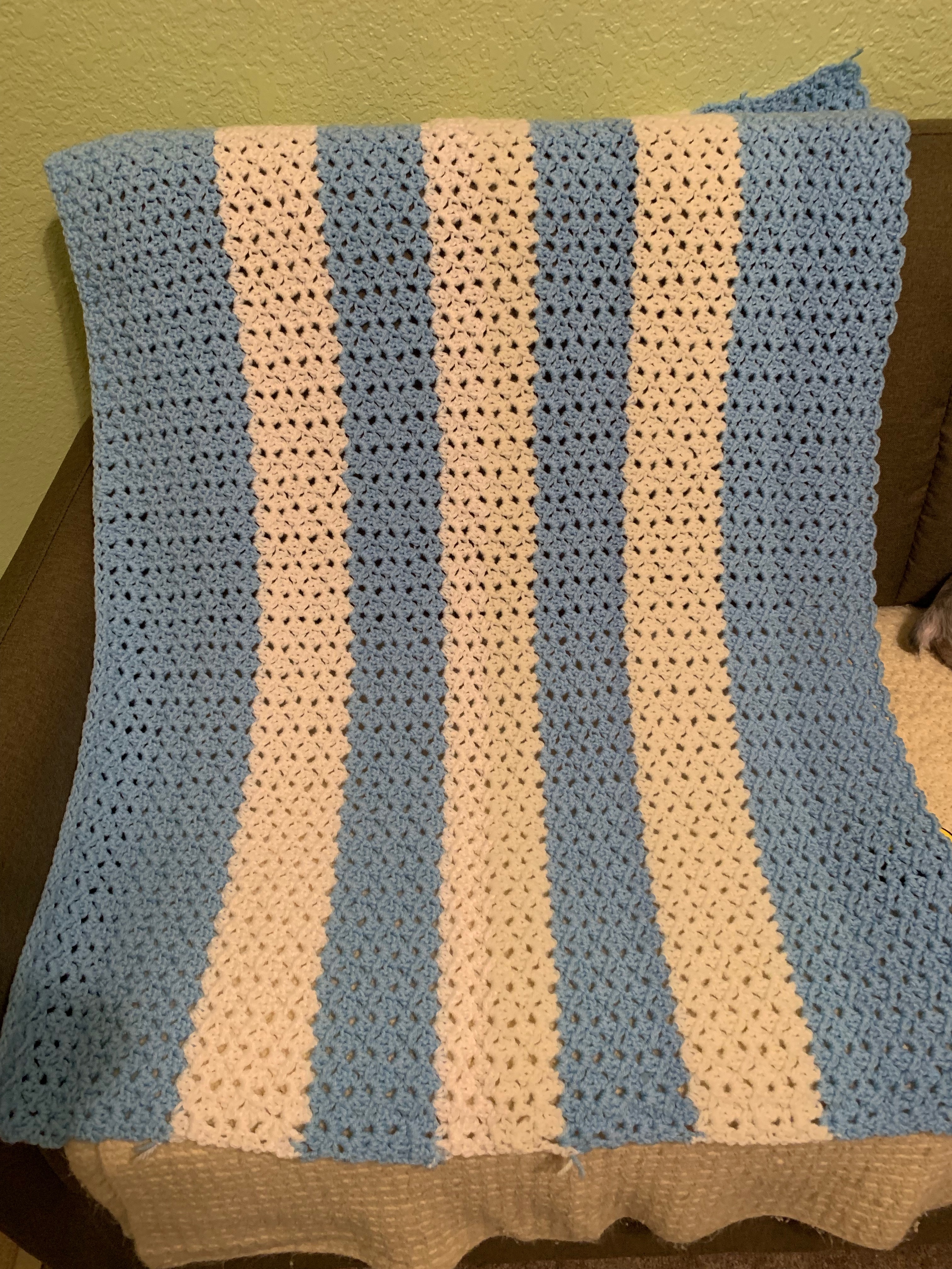 1981 Hand-Knit Blue, White Afghan Crib Blanket (38\