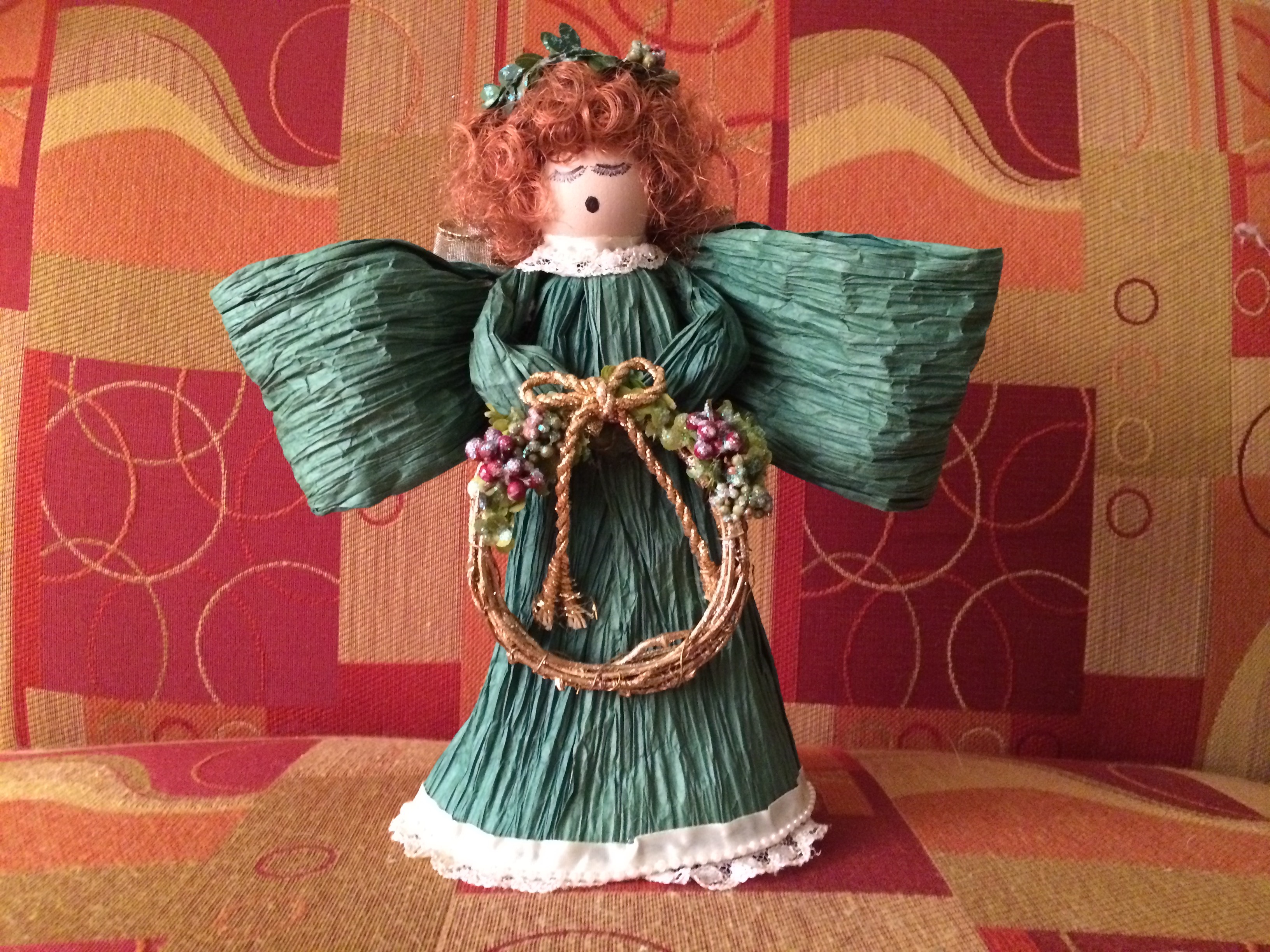 Vintage 1980s JADA - Red Haired Green Wreath Angel by Annabelle\'s Angels