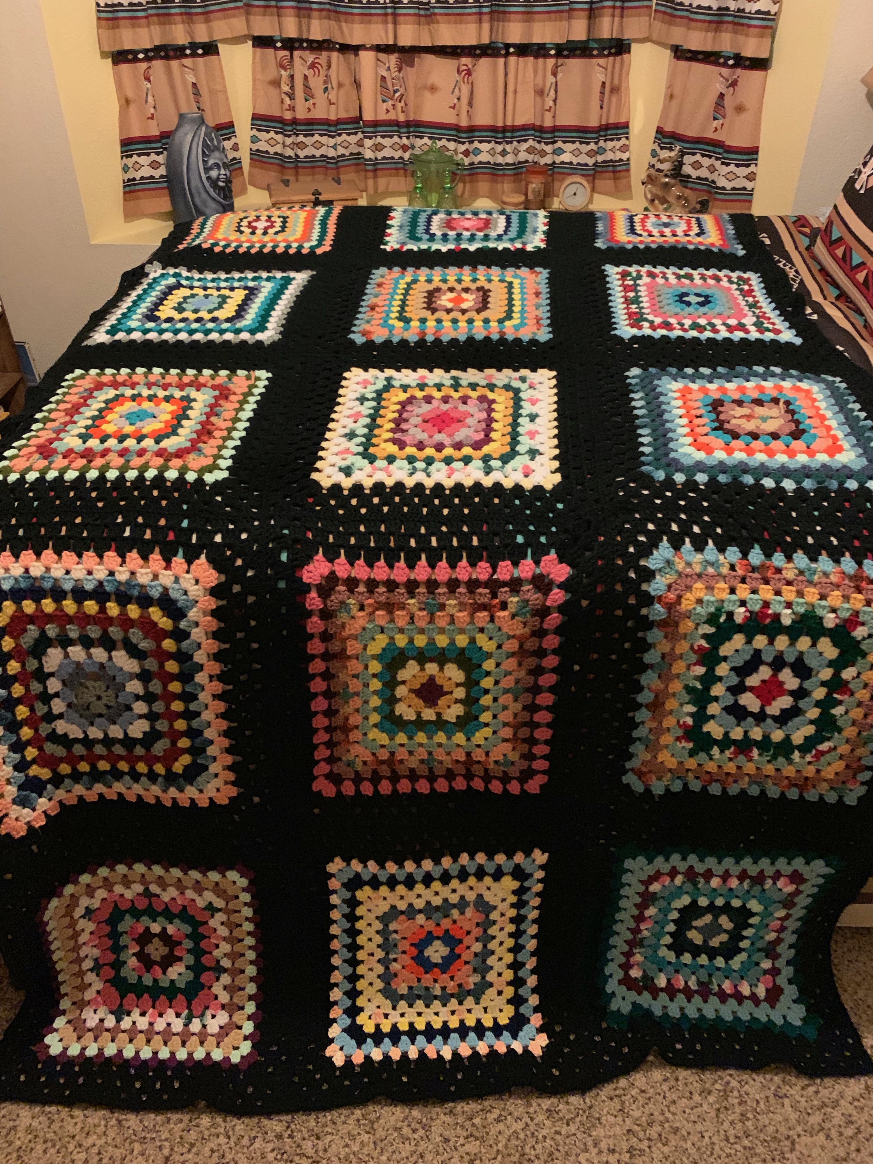 1973 Twin XL Black Multi Patchwork Granny Square Hand-Knit Afghan Bedspread Coverlet (54” x 98”)