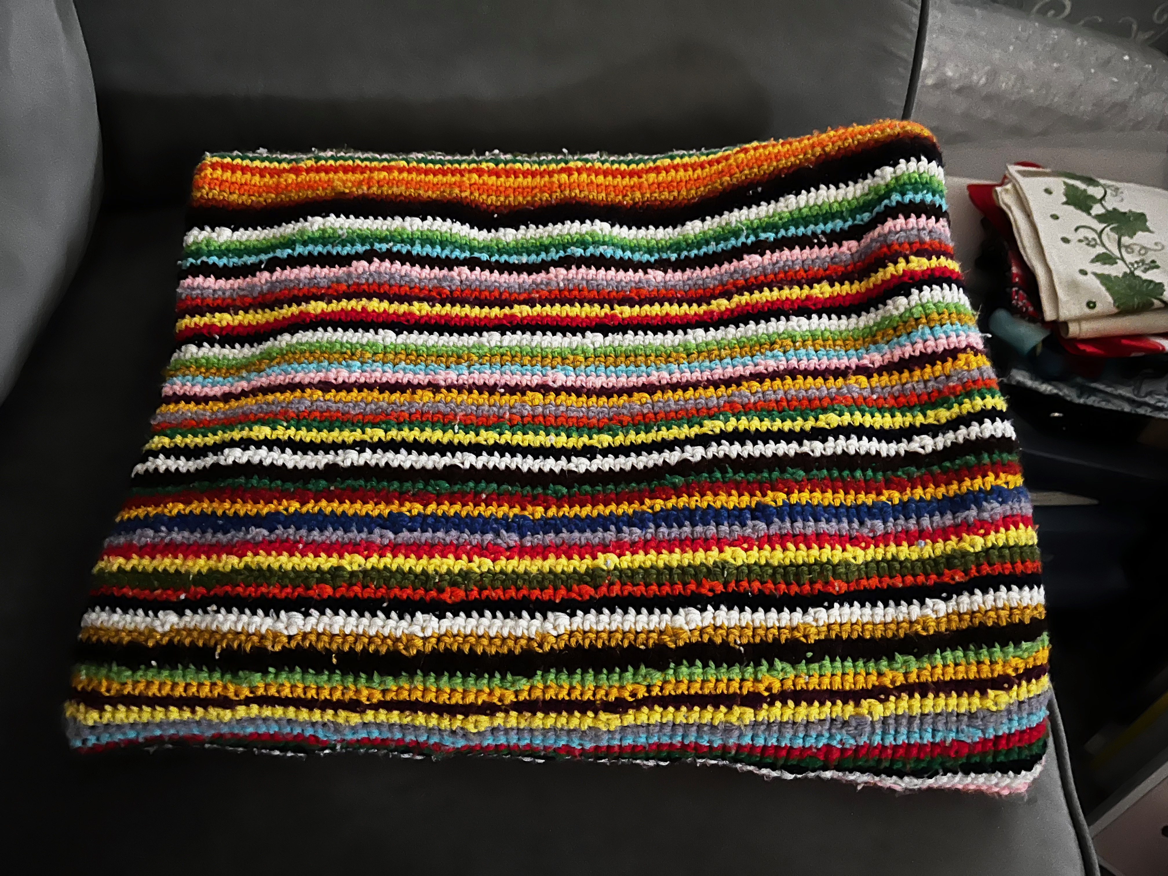 1977 Twin Gold Rainbow Striped Fringed Hand-Knit Afghan Bedspread Coverlet (48” x 72”)