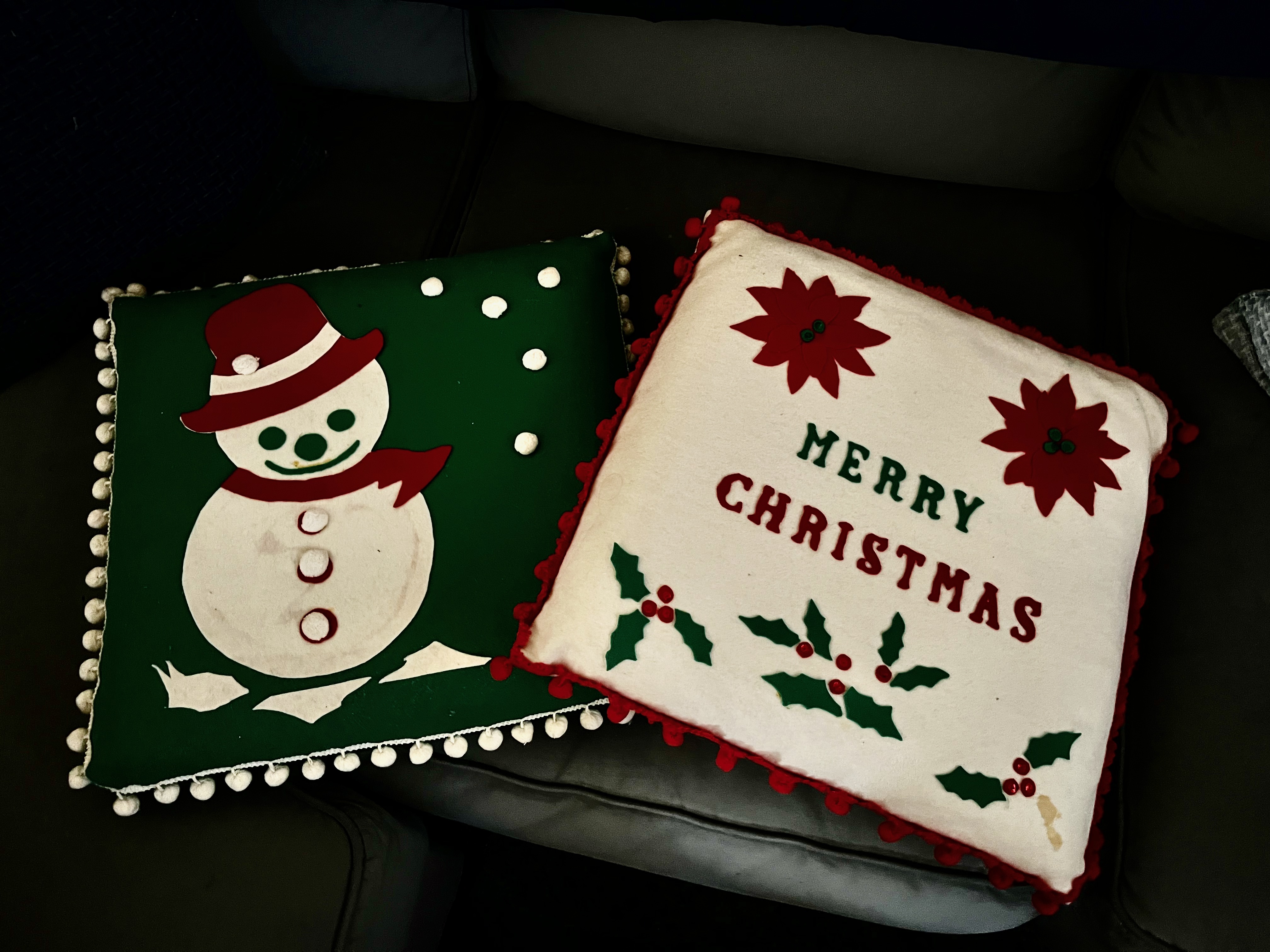 Vintage 1972 Felt Holiday Christmas Pillows, Season’s Greetings & Snowman, 16x16x2, by Annabelle\'s Angels (S/2)
