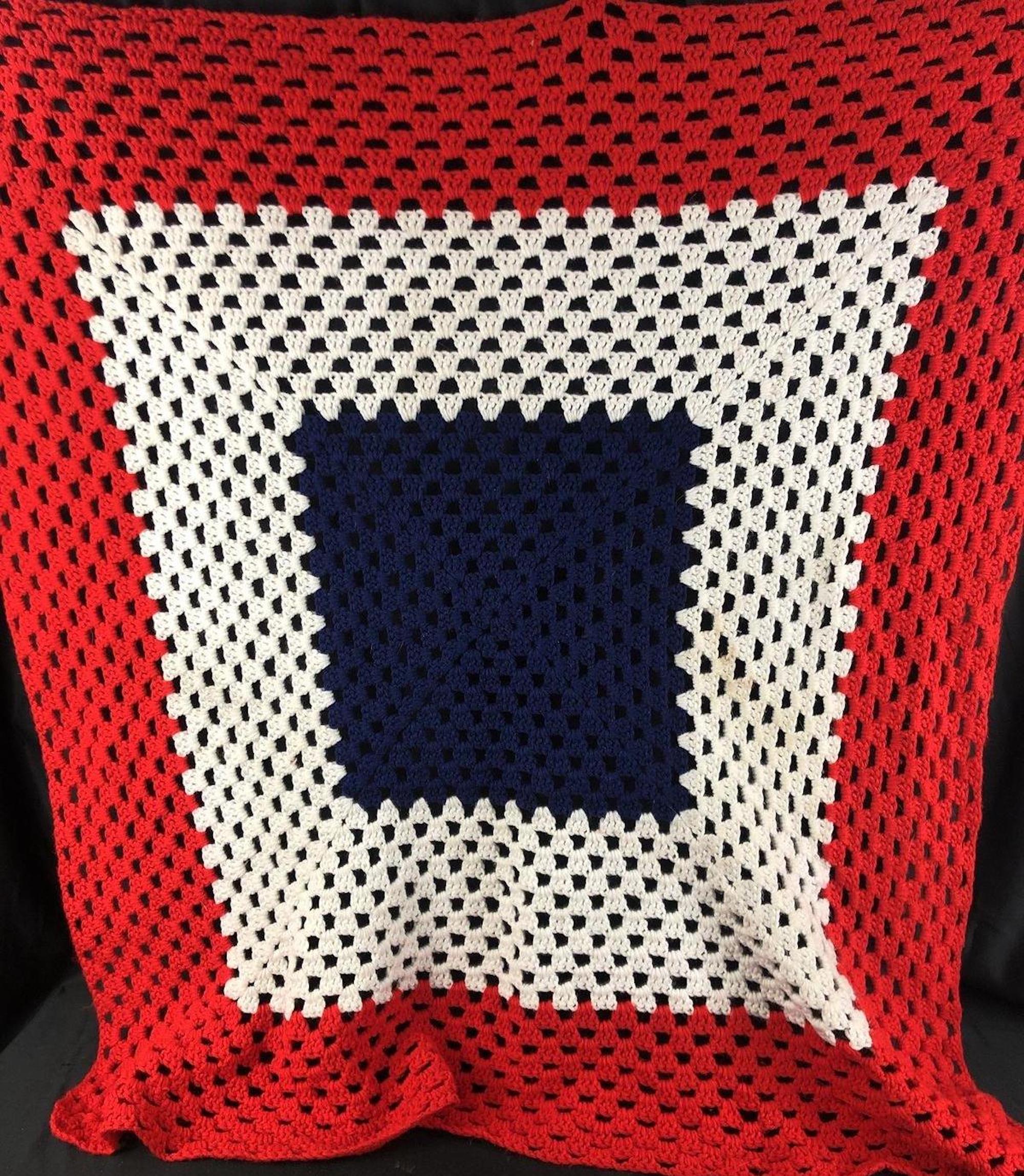 1974 Hand-Knit Red, White & Blue Afghan Table Cover (42\