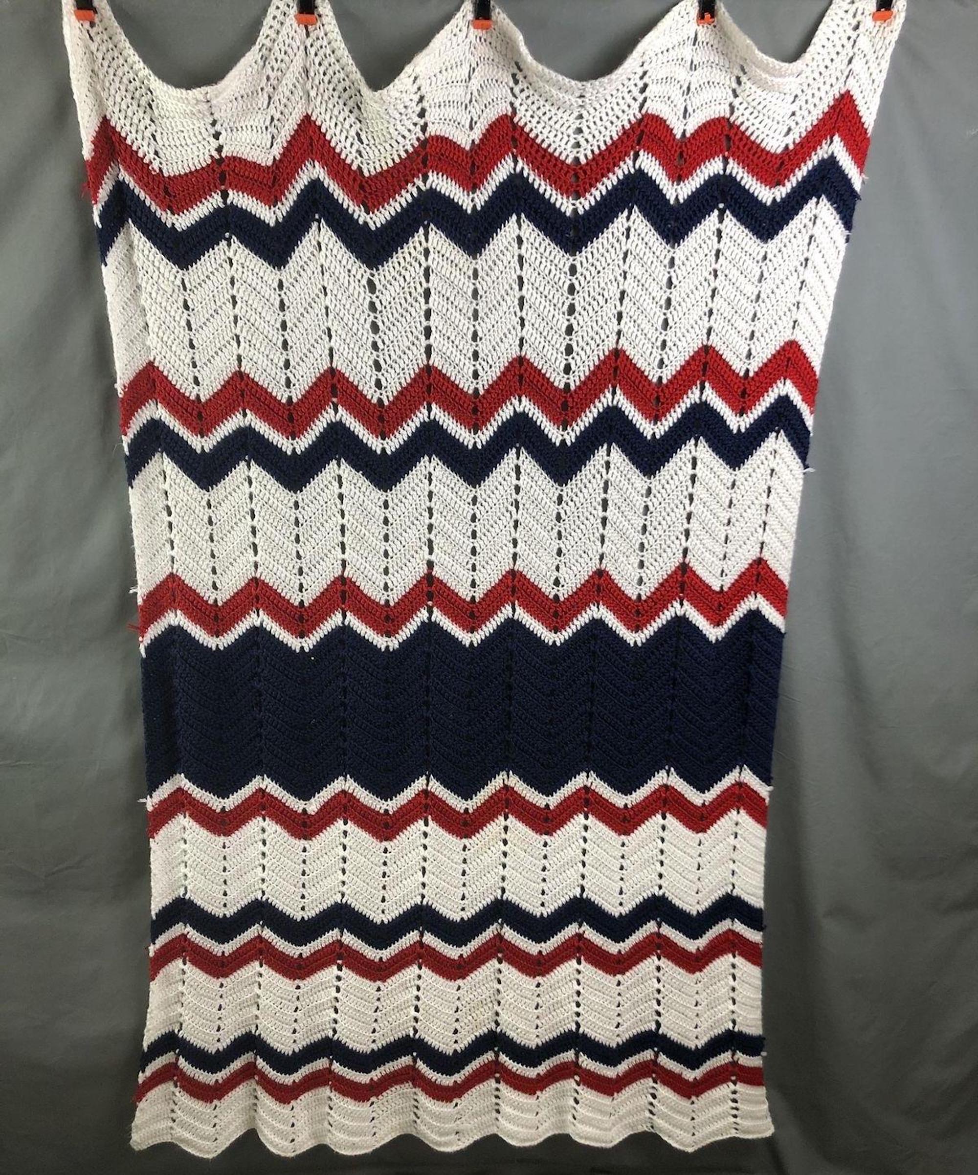 1985 Hand-Knit Red, White, and Blue Afghan Throw (36” X 68”)