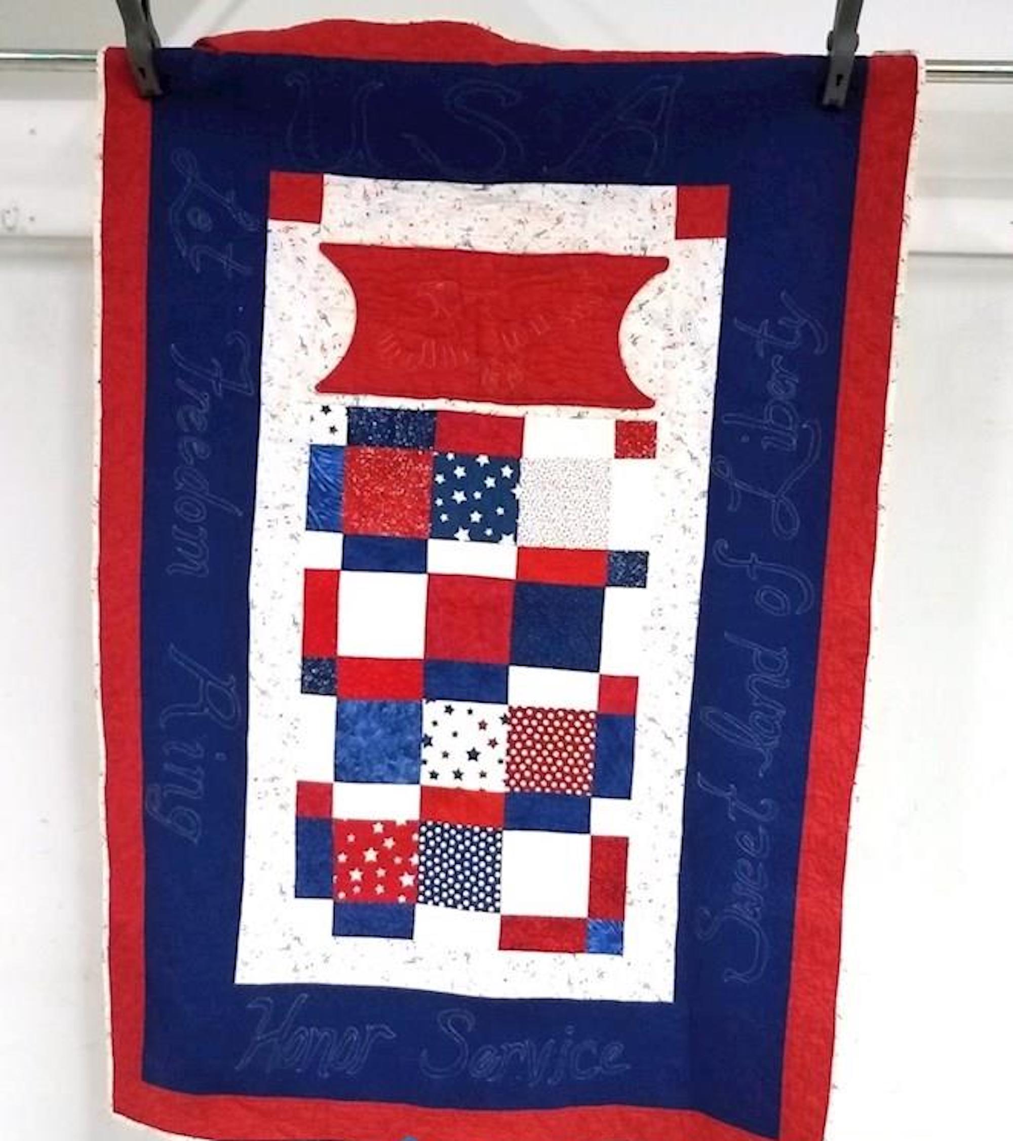 1998 Hand-Stitched Patriotic Red, White & Blue Quilt (37” x 57”)