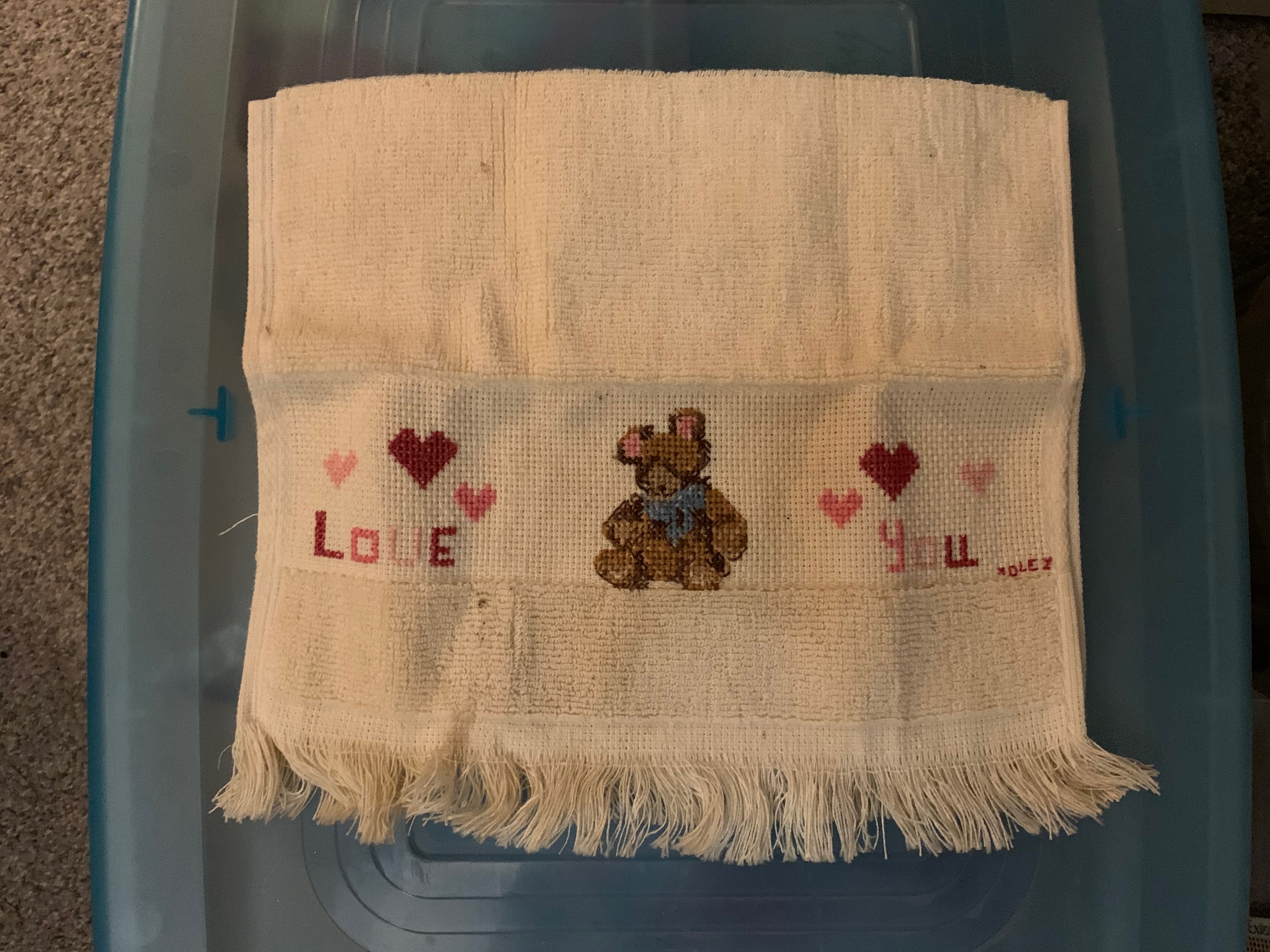 1970s Vintage Hand-made Cross-stitched Bear Motif Cotton Kitchen Towel