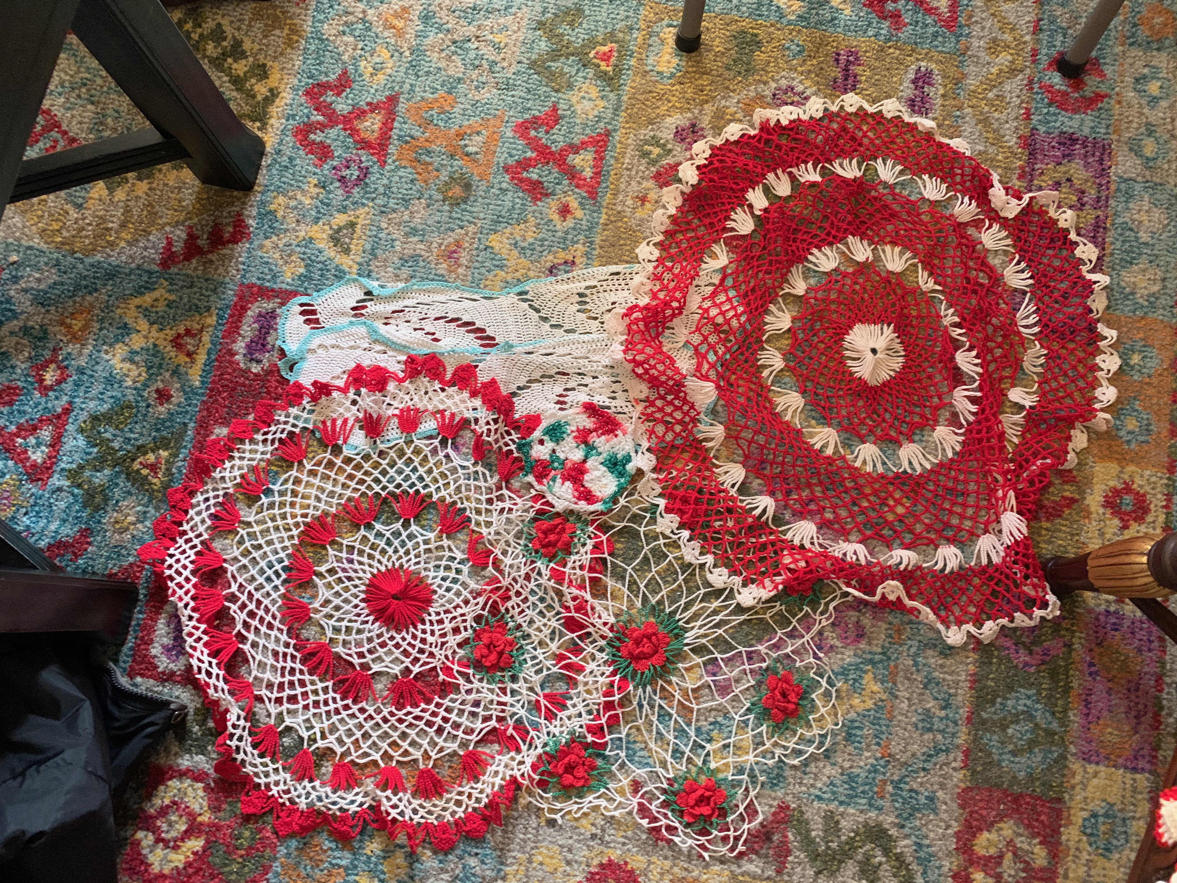 1950s Lot of 6 Crocheted Lace & Knitted Holiday Christmas Doilies, Assorted Sizes