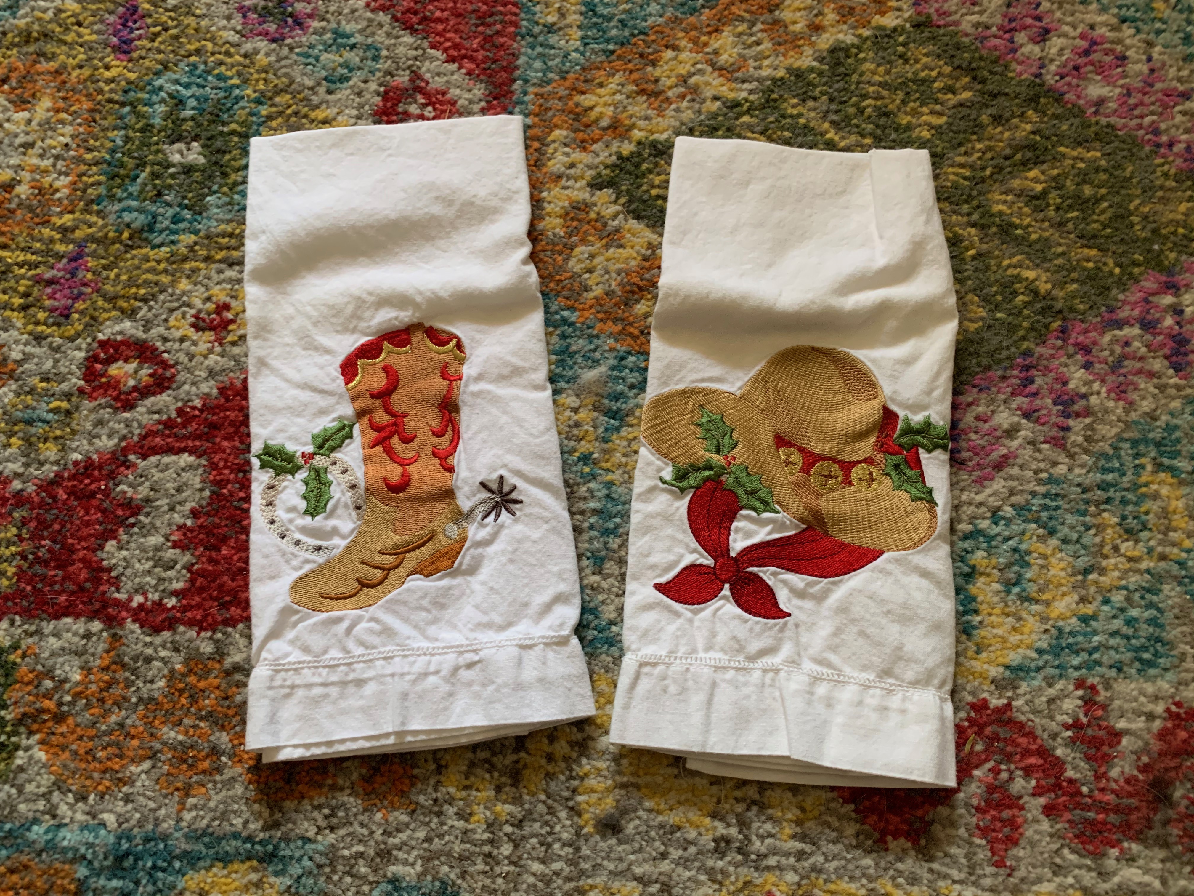 1990s Southwestern Motif Embroidered & Appliquéd Linen Tea Towels (set of 2)