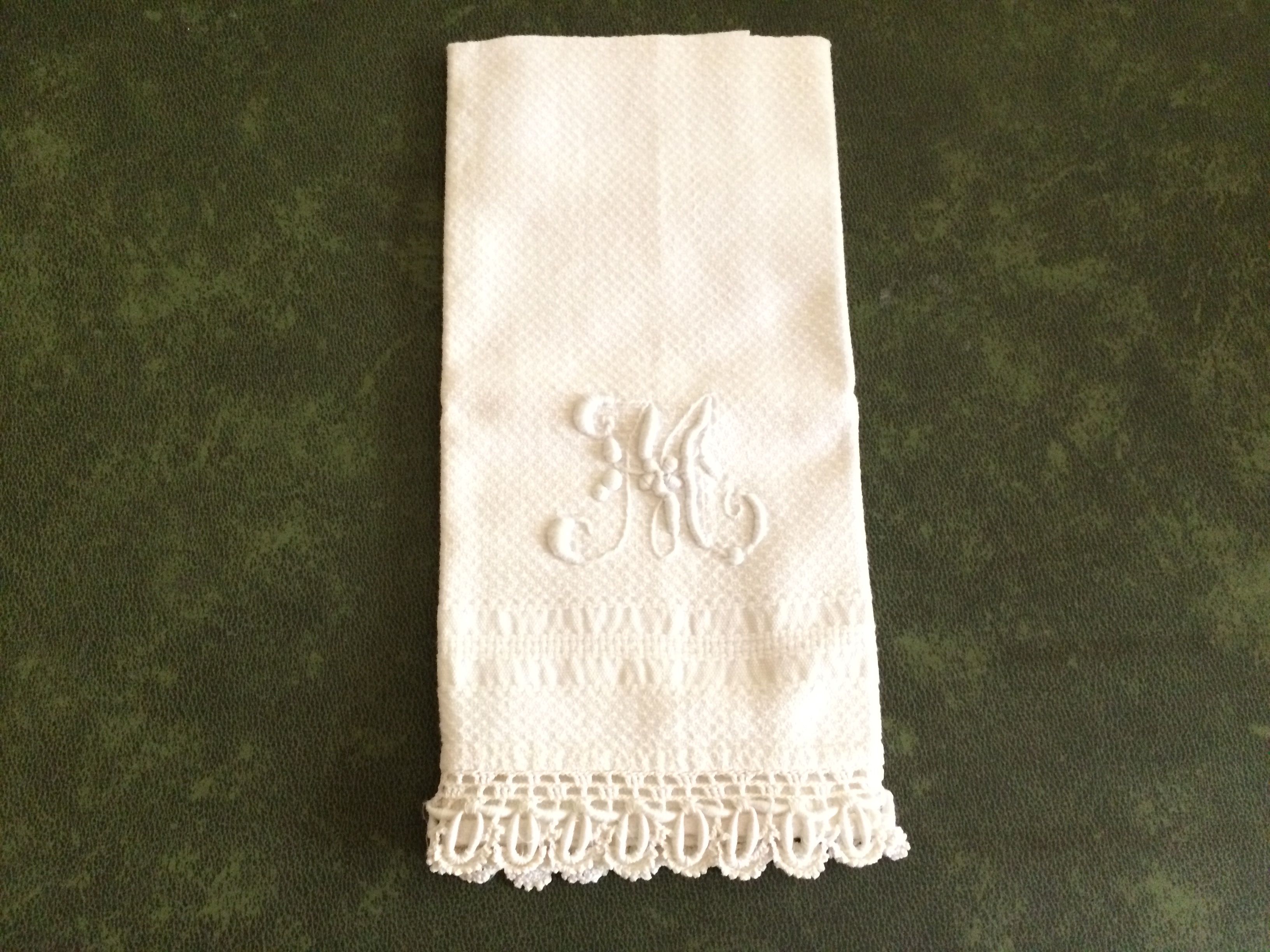 1920s Antique Guest Hand Towel, Crewel Embroidered Letter M