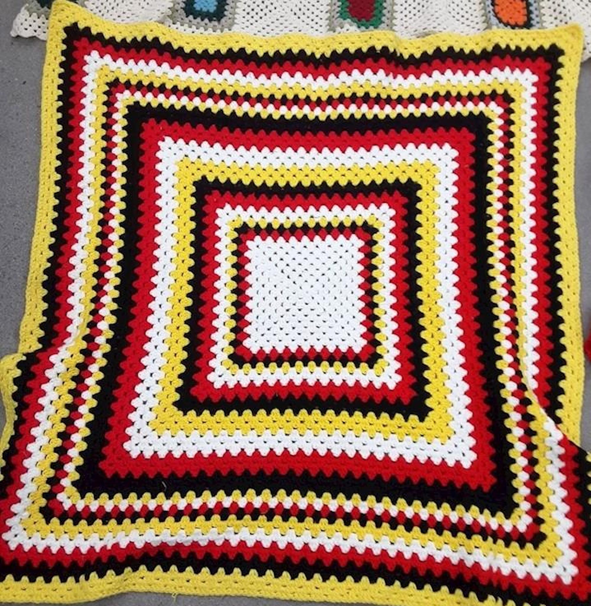 1974 Square Red, Yellow, Black, White Afghan Table Cover (52\