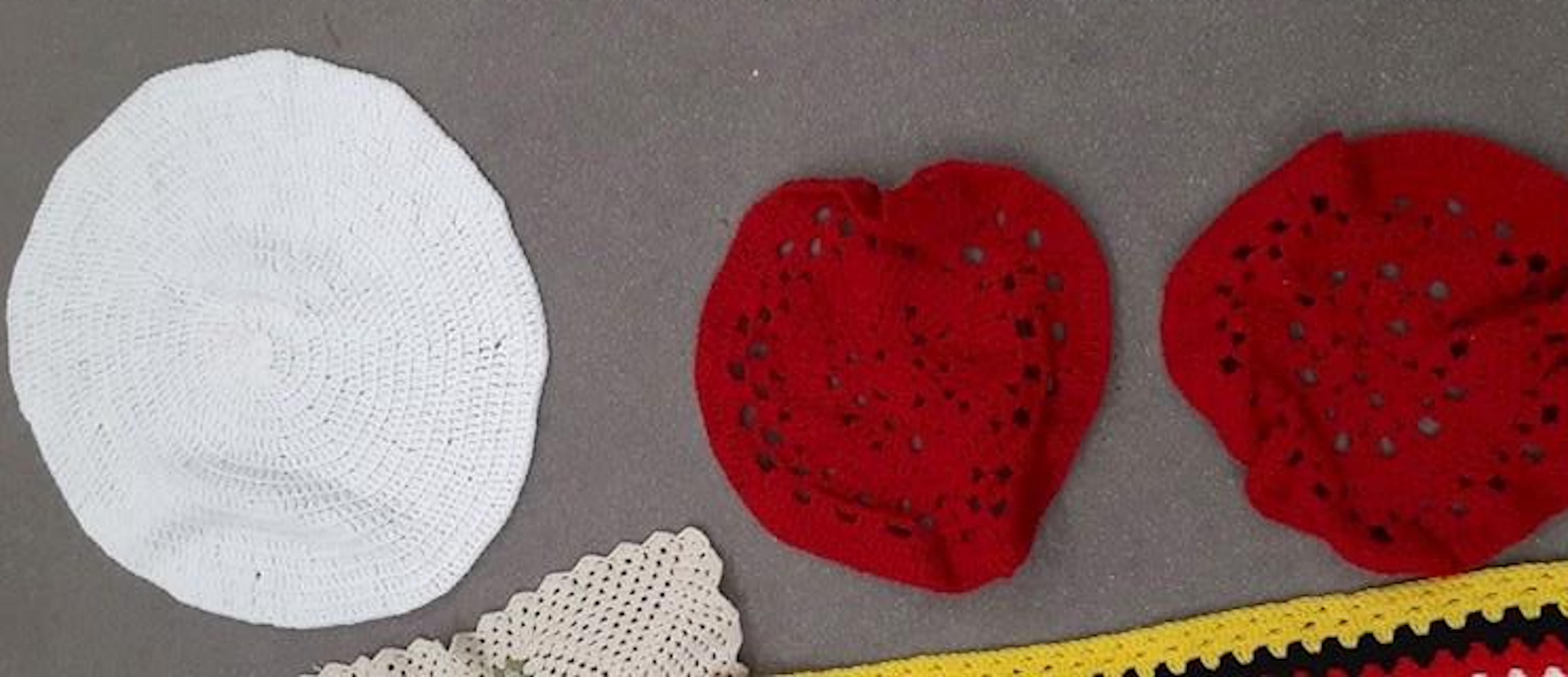 1980s Hand-Crocheted Christmas Doilies, White and Red (3 pcs)