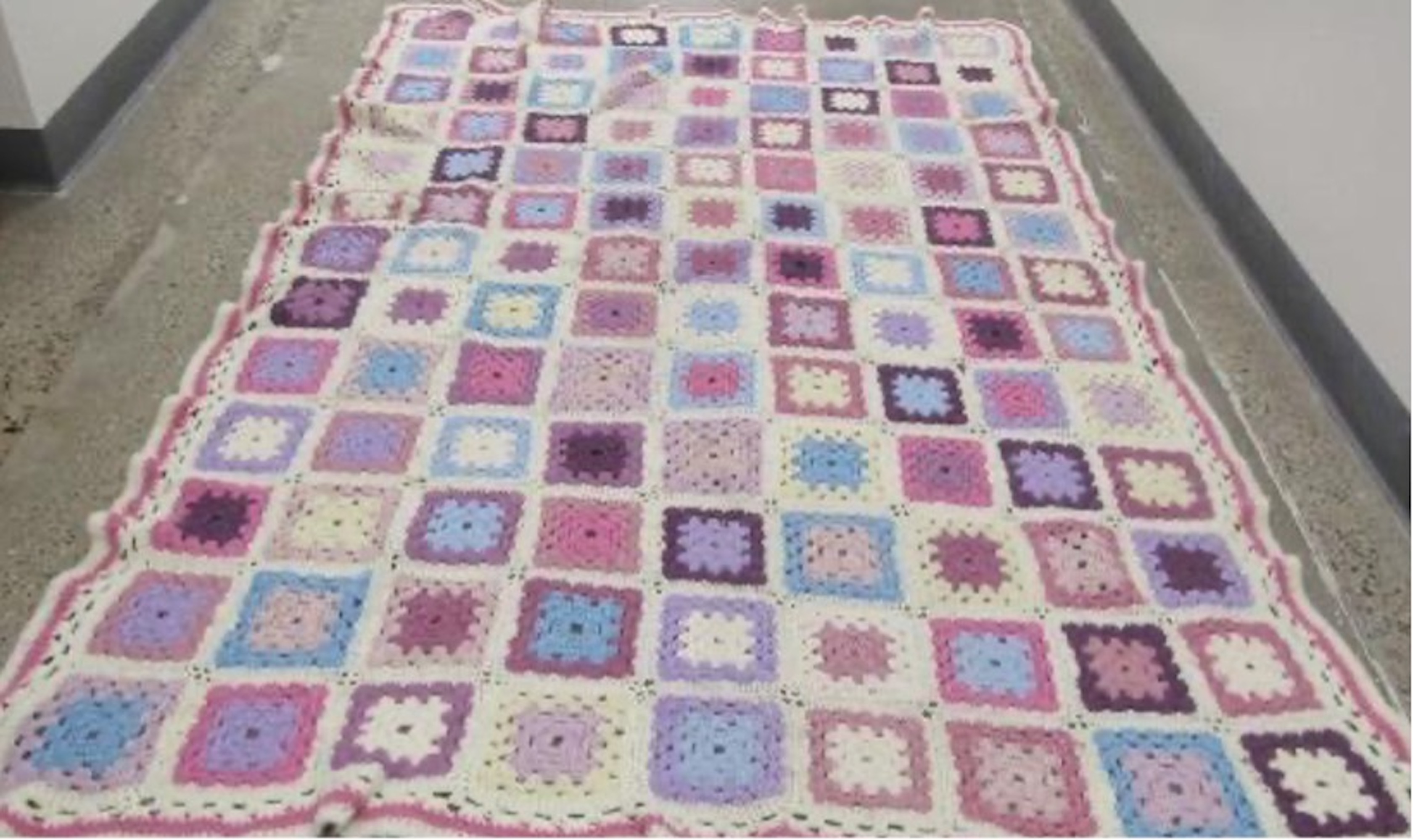 1970 Twin XL Cottage Shabby Chic Pastels Granny Square Hand-Knit Afghan Bedspread Coverlet (54” x 84”)